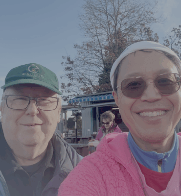 Dale and Roland at Go Fish, Granville Island, Vancouver, Canada after eating fish and chips :-)