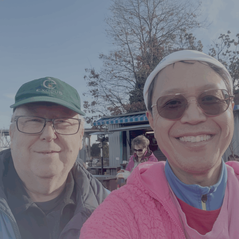 Dale and Roland at Go Fish, Granville Island, Vancouver, Canada after eating fish and chips :-)
