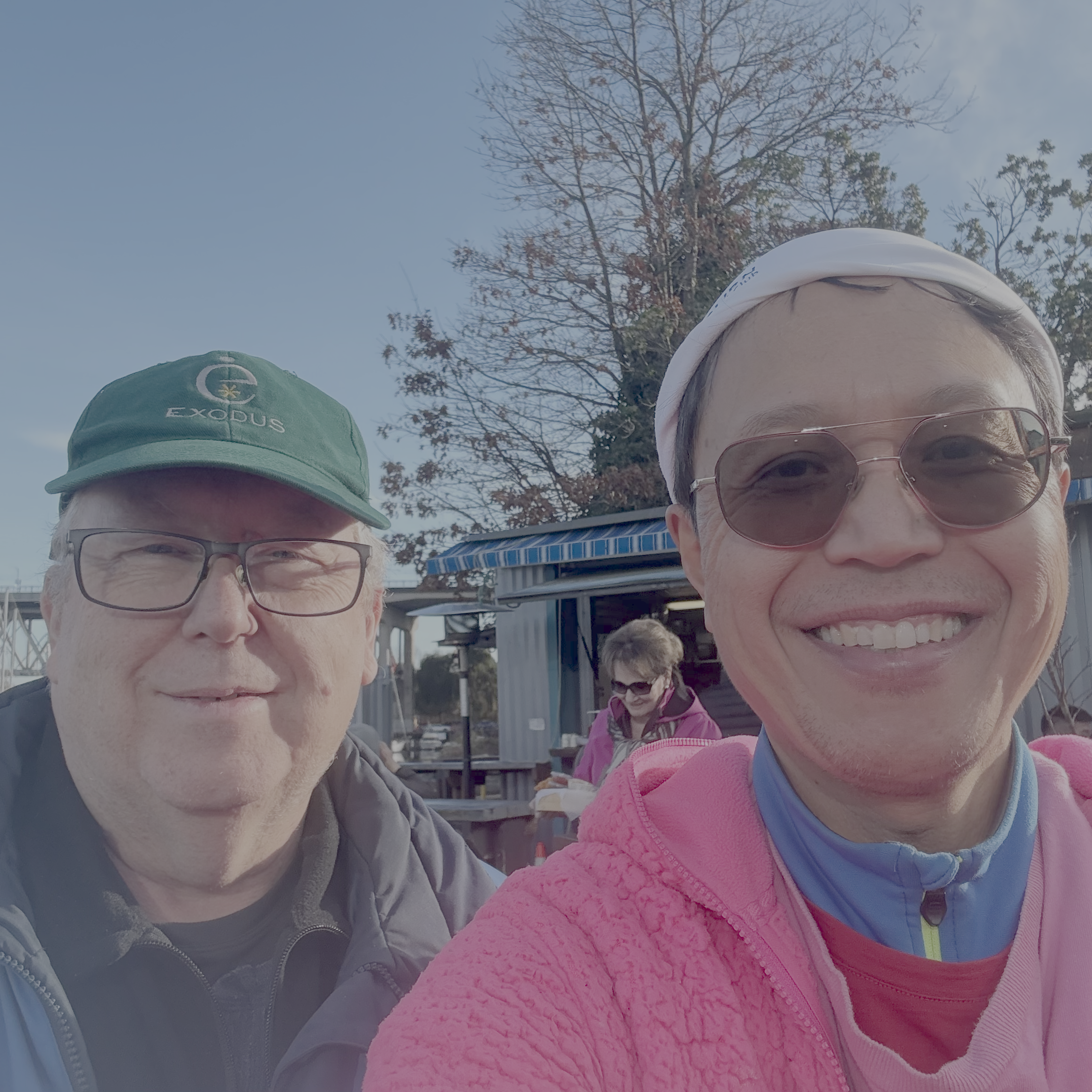 Dale and Roland at Go Fish, Granville Island, Vancouver, Canada after eating fish and chips :-)