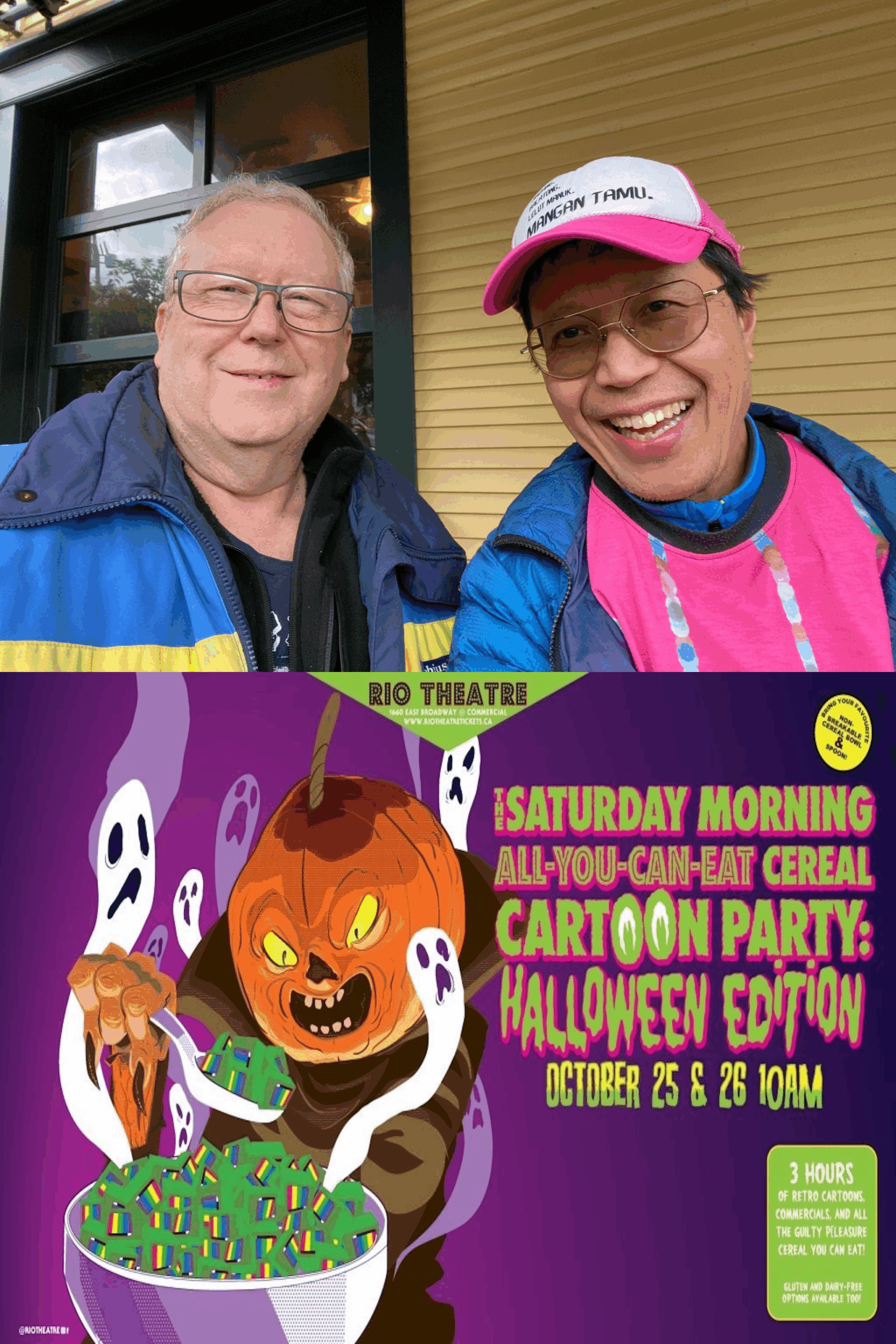 roland and dale with advert for saturday cereal at the rio theatre in Vancouver