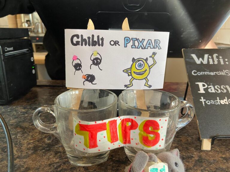 Tip jar sign at Commercial Street Cafe, East Vancouver, Canada : Ghibili or Pixar ?