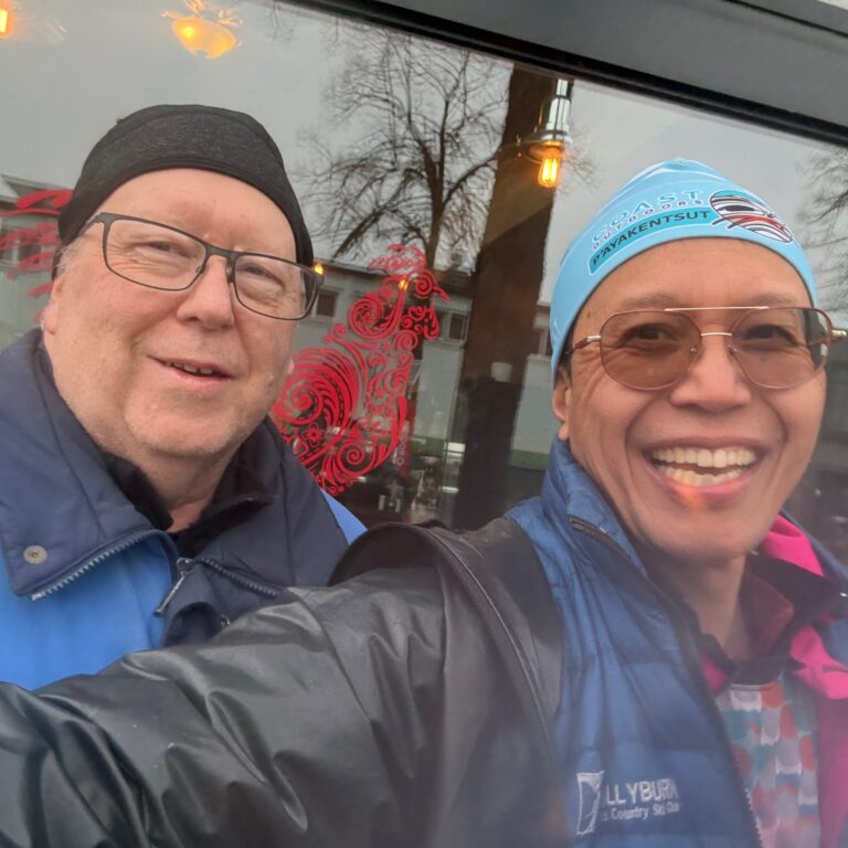 Dale and Roland at Commercial Street Cafe, Vancouver, Canada wearing winter hats and coats March 15, 2026